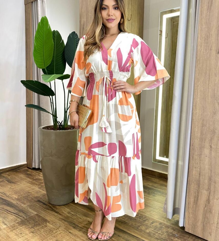 Vestido Midi Alice Manga Curta sem Bojo com Lastex Estampado - Fernanda Ramos Store