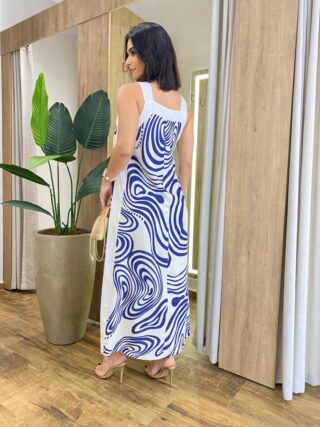 Vestido Midi Amber sem Bojo Alças Grossa Abstrato Azul - Fernanda Ramos Store