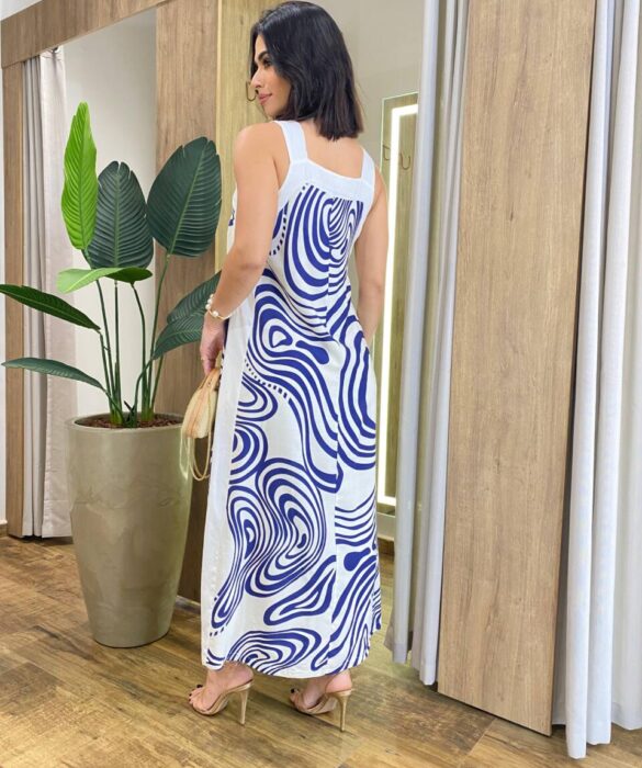 Vestido Midi Amber sem Bojo Alças Grossa Abstrato Azul - Fernanda Ramos Store