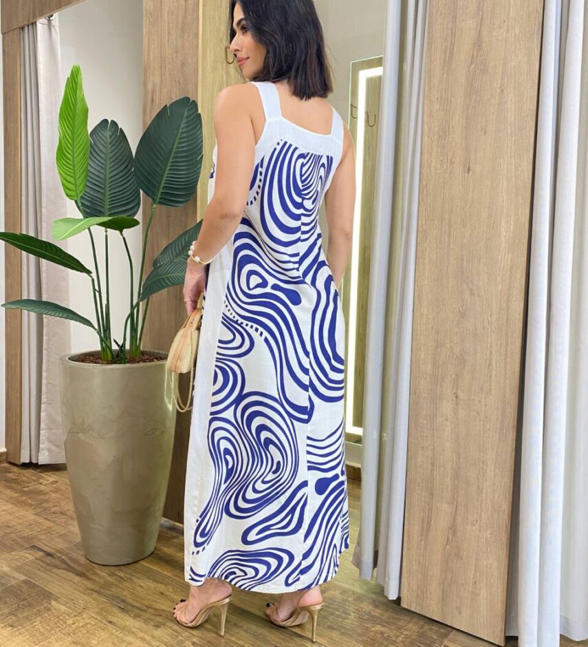 Vestido Midi Amber sem Bojo Alças Grossa Abstrato Azul - Fernanda Ramos Store