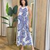 Vestido Midi Amber sem Bojo Alças Grossa Abstrato Azul - Fernanda Ramos Store