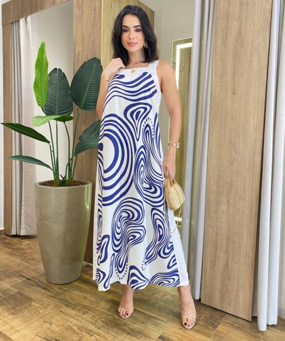 Vestido Midi Amber sem Bojo Alças Grossa Abstrato Azul - Fernanda Ramos Store