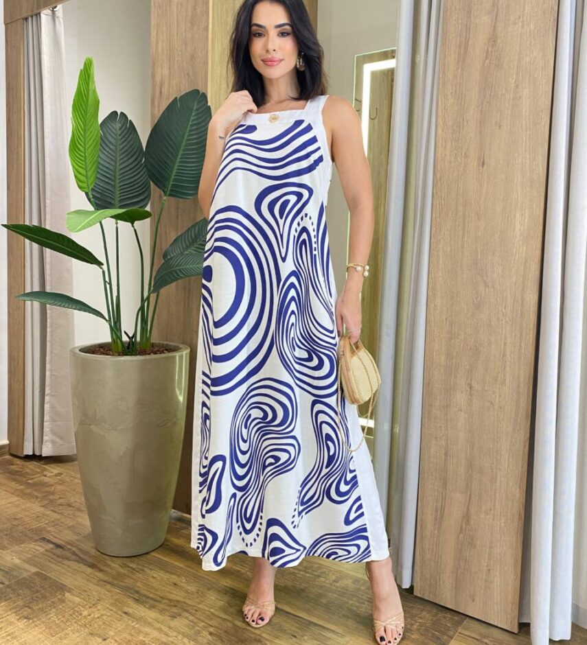 Vestido Midi Amber sem Bojo Alças Grossa Abstrato Azul - Fernanda Ramos Store