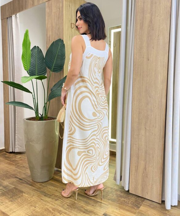 Vestido Midi Amber sem Bojo Alças Grossa Abstrato Bege - Fernanda Ramos Store