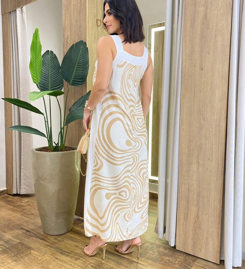 Vestido Midi Amber sem Bojo Alças Grossa Abstrato Bege - Fernanda Ramos Store