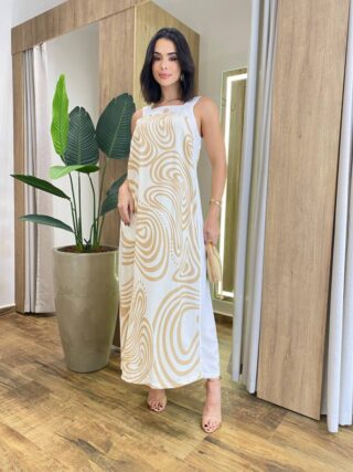 Vestido Midi Amber sem Bojo Alças Grossa Abstrato Bege - Fernanda Ramos Store