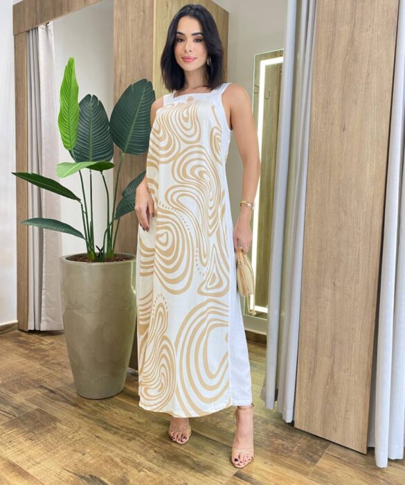 Vestido Midi Amber sem Bojo Alças Grossa Abstrato Bege - Fernanda Ramos Store