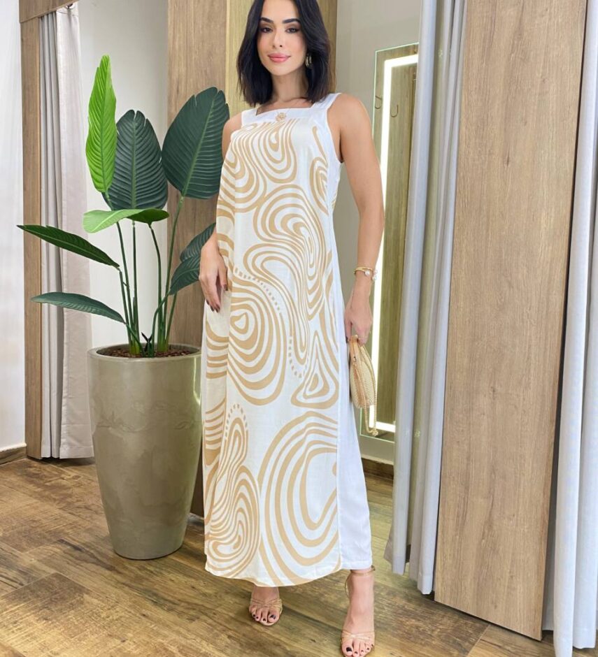 Vestido Midi Amber sem Bojo Alças Grossa Abstrato Bege - Fernanda Ramos Store