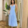 Vestido Midi Aurora sem Bojo Amarração nas Alças Listrado Azul - Fernanda Ramos Store