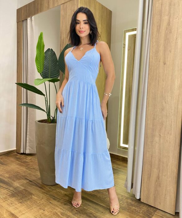 Vestido Midi Aurora sem Bojo Amarração nas Alças Listrado Azul - Fernanda Ramos Store