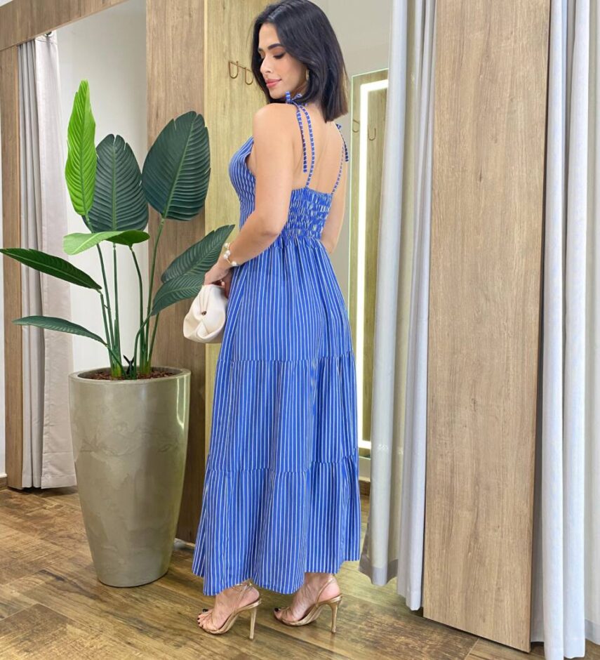 Vestido Midi Aurora sem Bojo Amarração nas Alças Listrado Azul Marinho - Fernanda Ramos Store