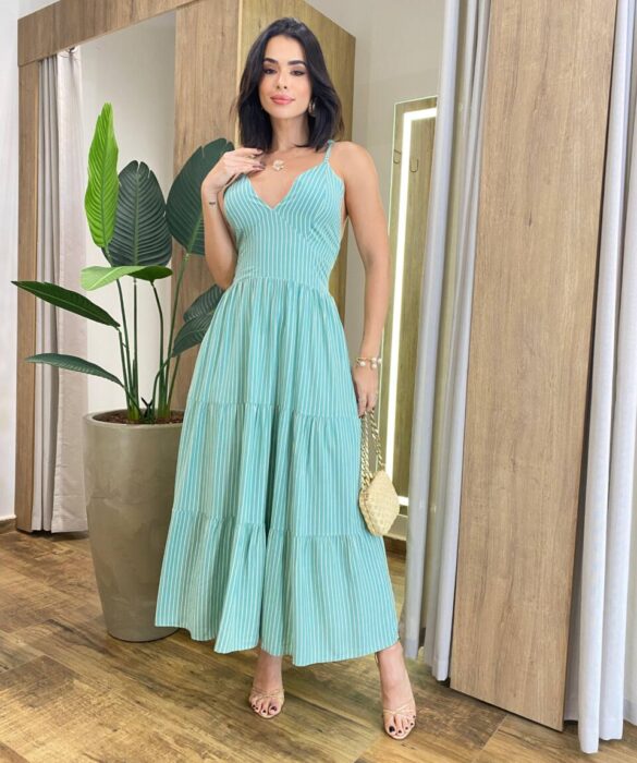 Vestido Midi Aurora sem Bojo Amarração nas Alças Listrado Verde - Fernanda Ramos Store