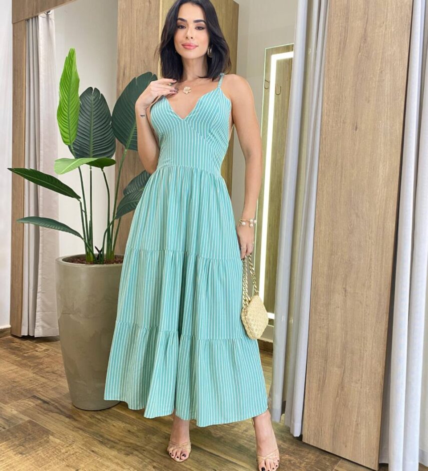 Vestido Midi Aurora sem Bojo Amarração nas Alças Listrado Verde - Fernanda Ramos Store