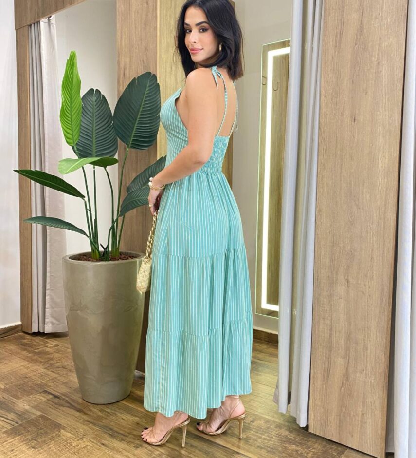 Vestido Midi Aurora sem Bojo Amarração nas Alças Listrado Verde - Fernanda Ramos Store
