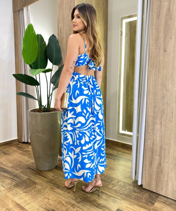 Vestido Midi Carolla sem Bojo Alça Regulável e Amarração Estampado Azul - Fernanda Ramos Store