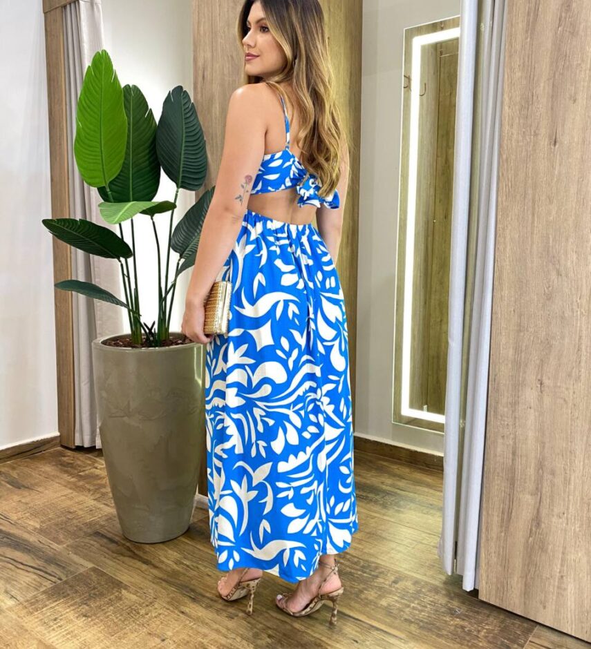 Vestido Midi Carolla sem Bojo Alça Regulável e Amarração Estampado Azul - Fernanda Ramos Store