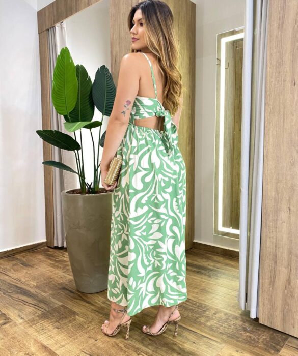 Vestido Midi Carolla sem Bojo Alça Regulável e Amarração Estampado Verde - Fernanda Ramos Store