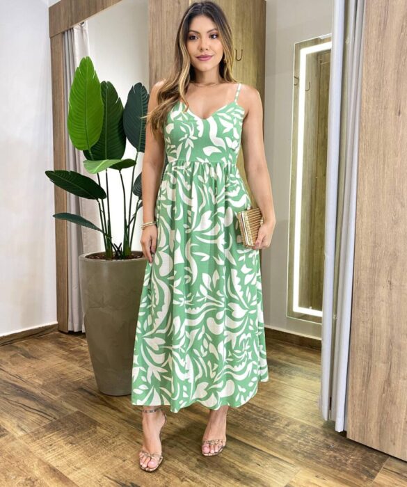 Vestido Midi Carolla sem Bojo Alça Regulável e Amarração Estampado Verde - Fernanda Ramos Store