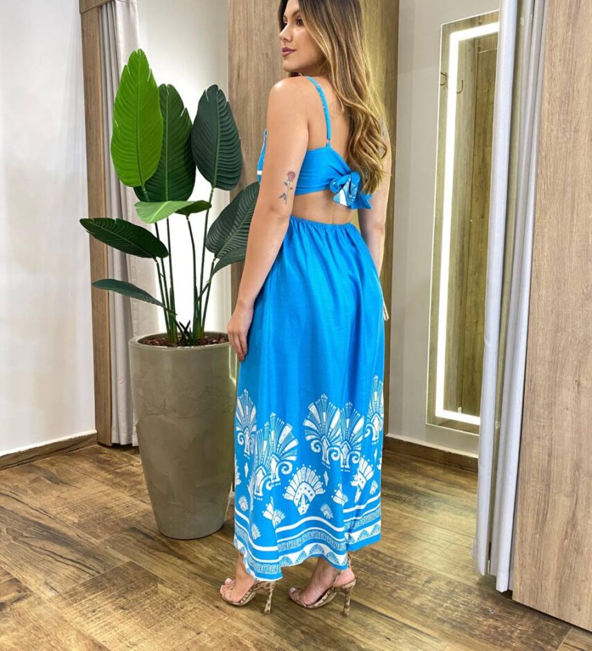 Vestido Midi Josy sem Bojo Amarração nas Costas Estampado Azul - Fernanda Ramos Store