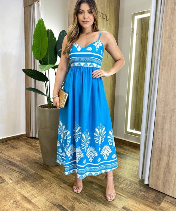 Vestido Midi Josy sem Bojo Amarração nas Costas Estampado Azul - Fernanda Ramos Store