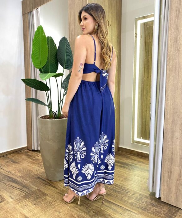 Vestido Midi Josy sem Bojo Amarração nas Costas Estampado Azul Marinho - Fernanda Ramos Store