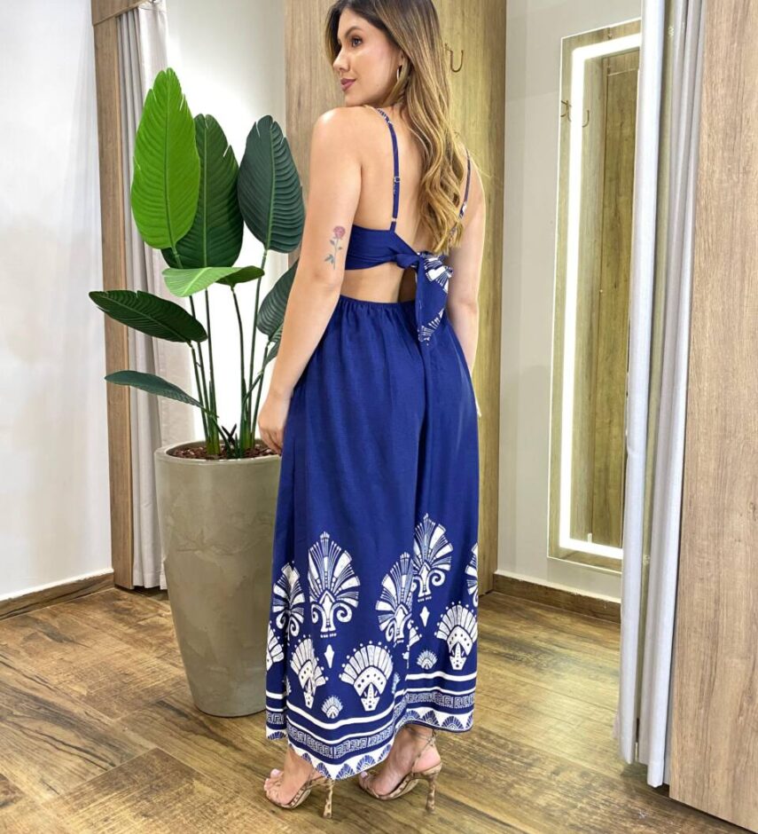 Vestido Midi Josy sem Bojo Amarração nas Costas Estampado Azul Marinho - Fernanda Ramos Store
