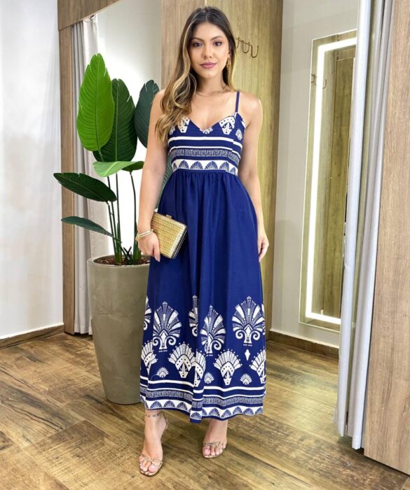 Vestido Midi Josy sem Bojo Amarração nas Costas Estampado Azul Marinho - Fernanda Ramos Store