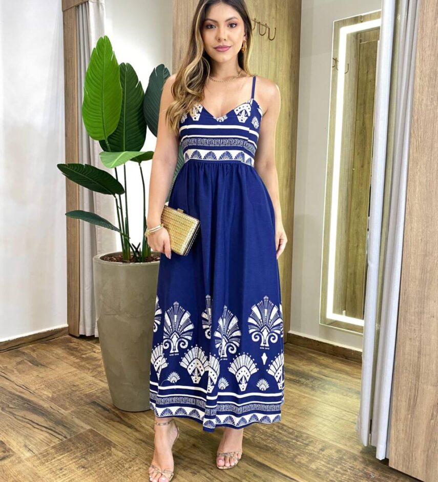Vestido Midi Josy sem Bojo Amarração nas Costas Estampado Azul Marinho - Fernanda Ramos Store