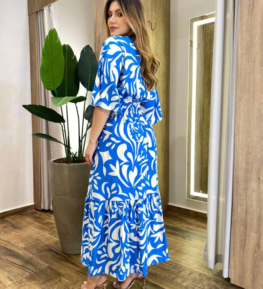Vestido Midi Manga Curta sem Bojo Lastex e Amarração Estampado - Fernanda Ramos Store