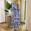 Vestido Midi Manga Curta sem Bojo Lastex e Amarração Estampado Azul Marinho - Fernanda Ramos Store