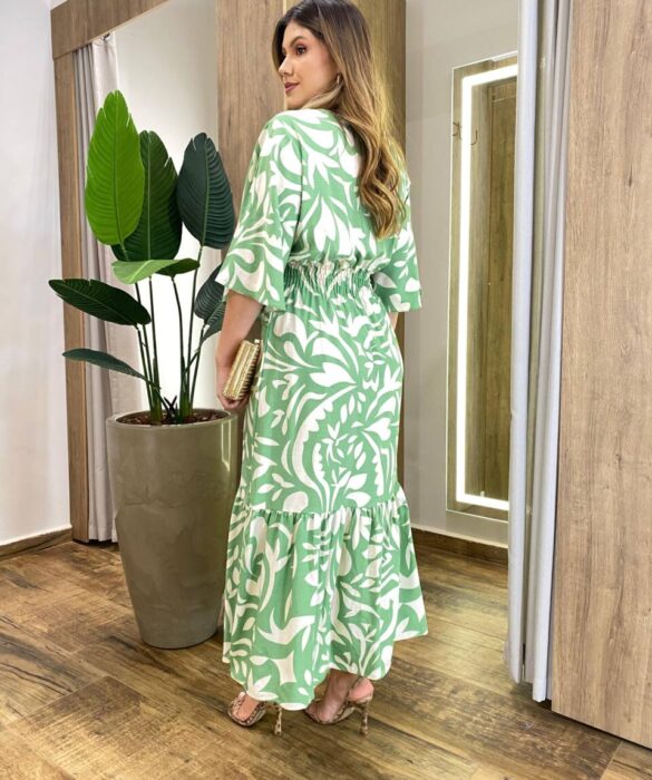 Vestido Midi Manga Curta sem Bojo Lastex e Amarração Estampado Verde - Fernanda Ramos Store