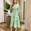 Vestido Midi Manga Curta sem Bojo Lastex e Amarração Estampado Verde - Fernanda Ramos Store