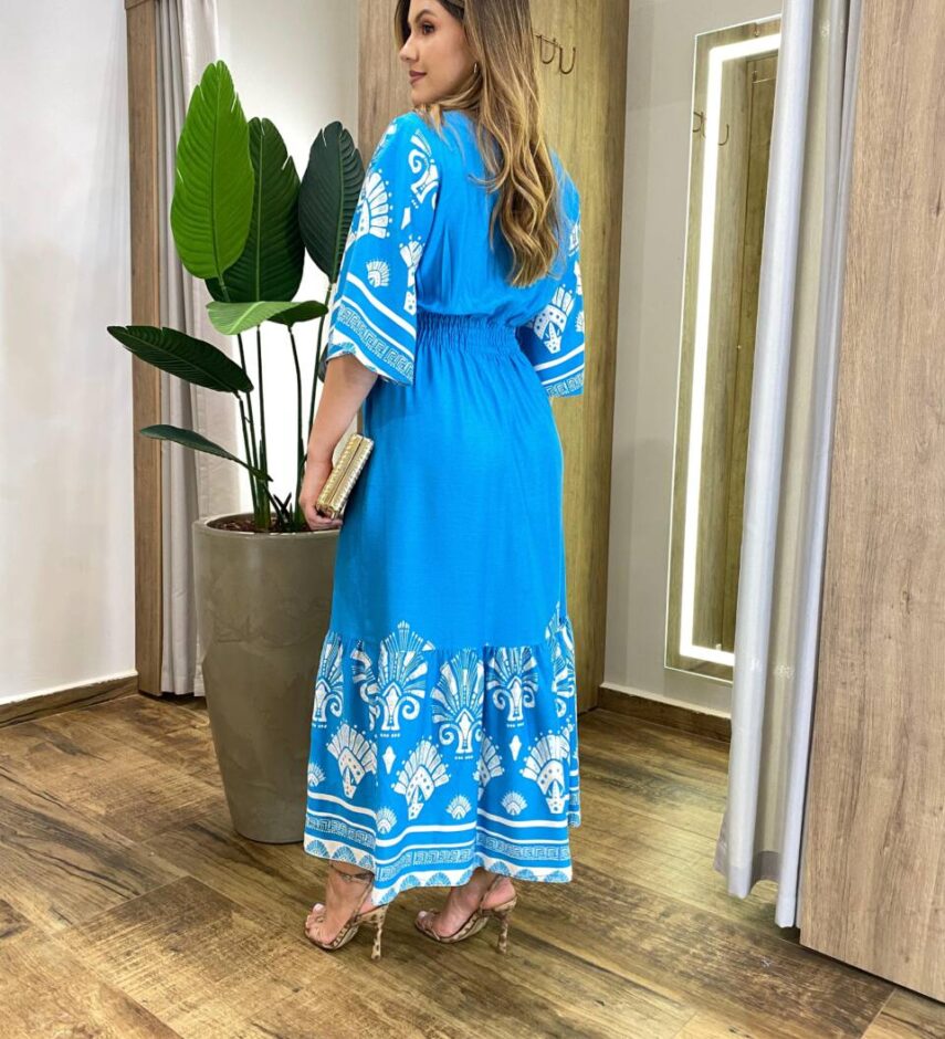 Vestido Midi Selena Manga Curta sem Bojo Mini Fenda Estampado - Fernanda Ramos Store