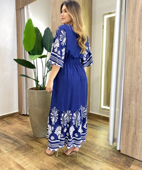 Vestido Midi Selena Manga Curta sem Bojo Mini Fenda Estampado Azul - Fernanda Ramos Store