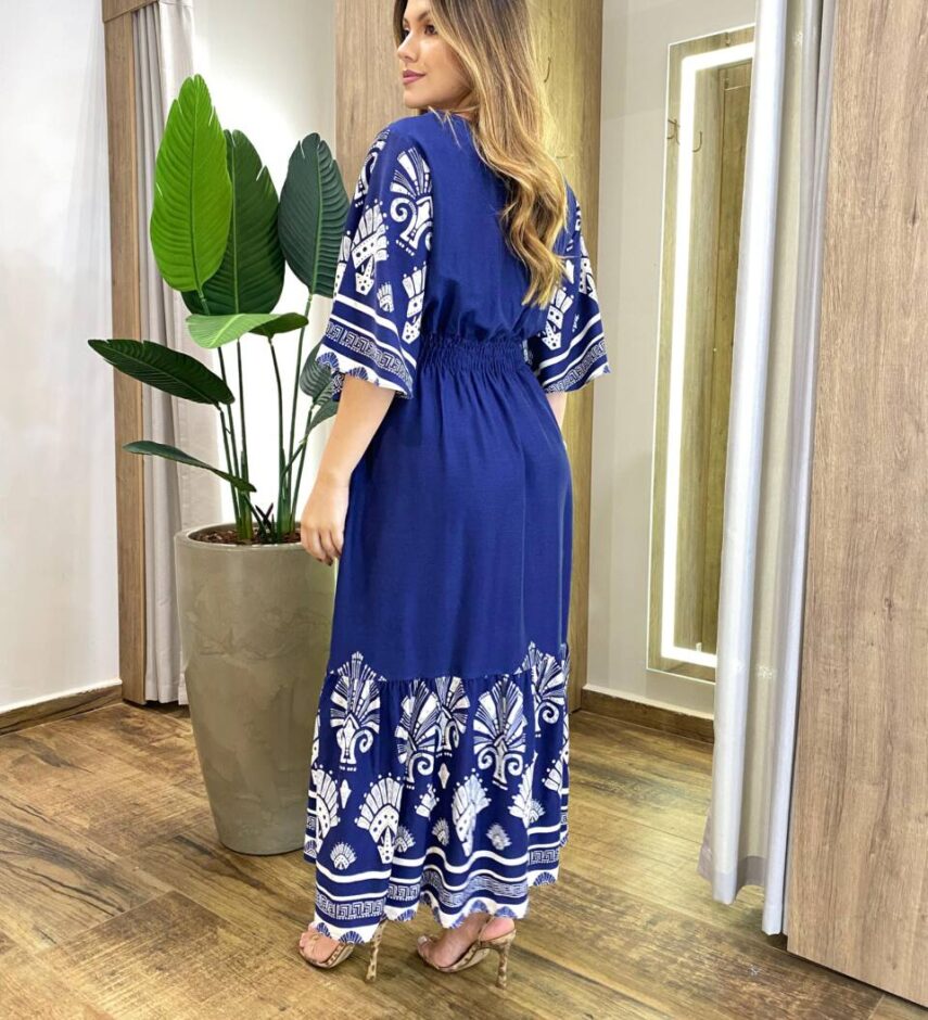 Vestido Midi Selena Manga Curta sem Bojo Mini Fenda Estampado Azul - Fernanda Ramos Store