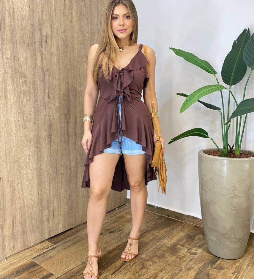 Blusa Bata Feminina Selena Alça Regulável sem Bojo Alongada Marrom - Fernanda Ramos Store