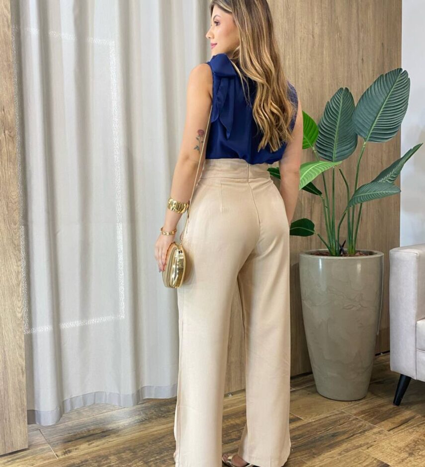 Blusa Regata Social Aurora Feminina Detalhe em Laço Azul - Fernanda Ramos Store