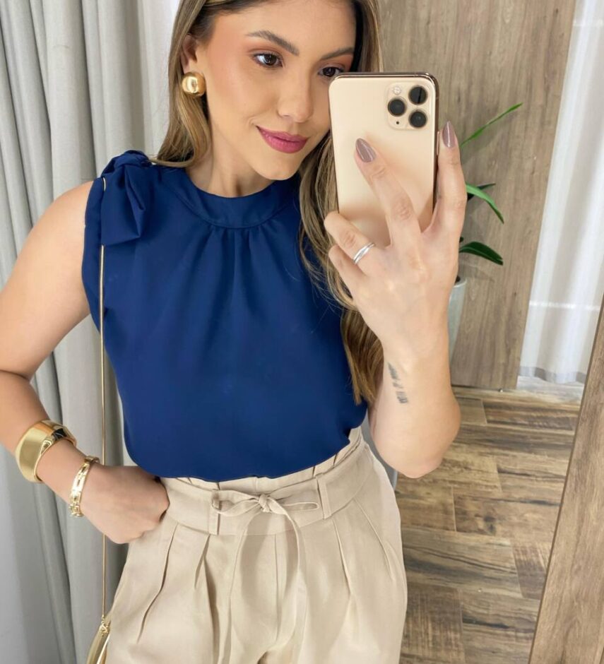 Blusa Regata Social Aurora Feminina Detalhe em Laço Azul - Fernanda Ramos Store