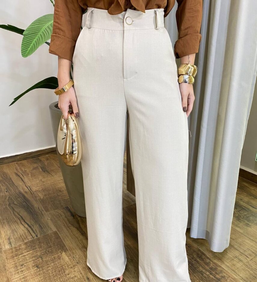 Calça Feminina Alfaiataria Pantalona Aurora Bege - Fernanda Ramos Store