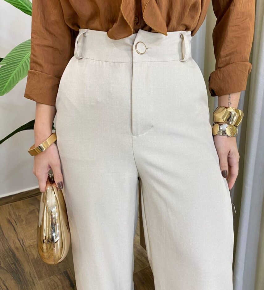 Calça Feminina Alfaiataria Pantalona Aurora Bege - Fernanda Ramos Store
