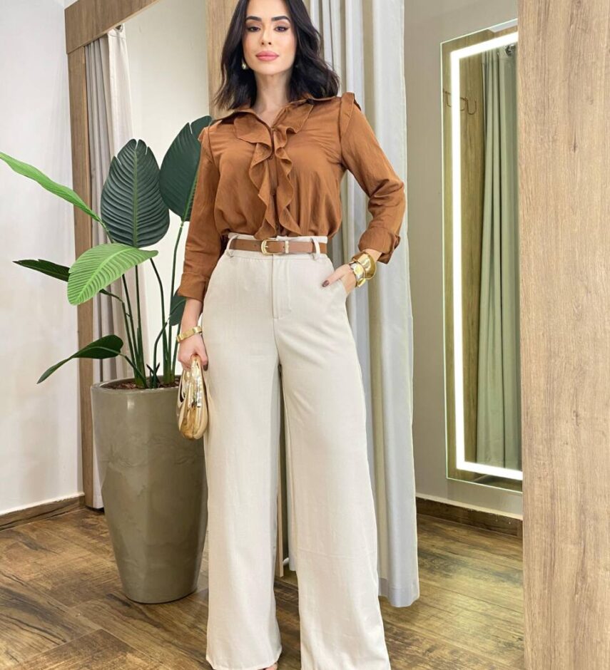 Calça Feminina Alfaiataria Pantalona Aurora Bege - Fernanda Ramos Store