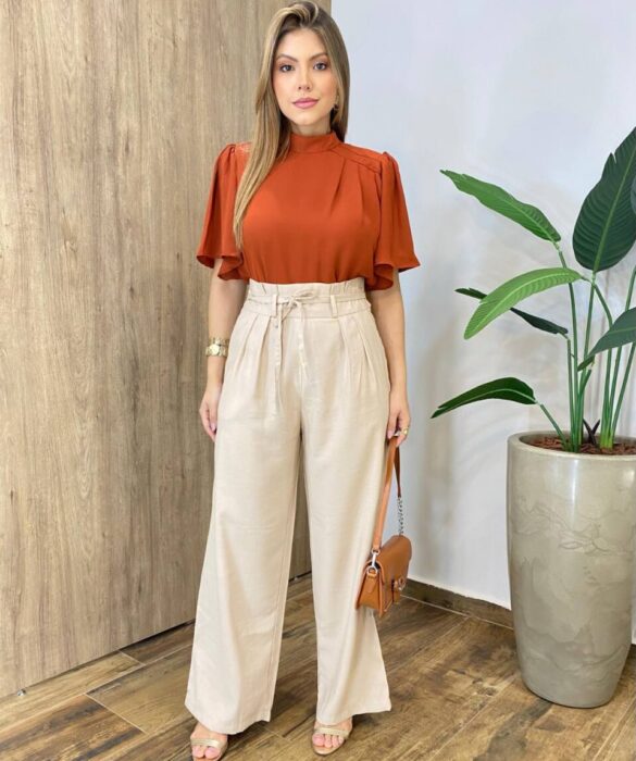 Calça Feminina Margareth Pantalona com Zíper e Amarração Bege - Fernanda Ramos Store