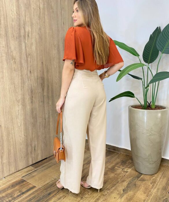 Calça Feminina Margareth Pantalona com Zíper e Amarração Bege - Fernanda Ramos Store