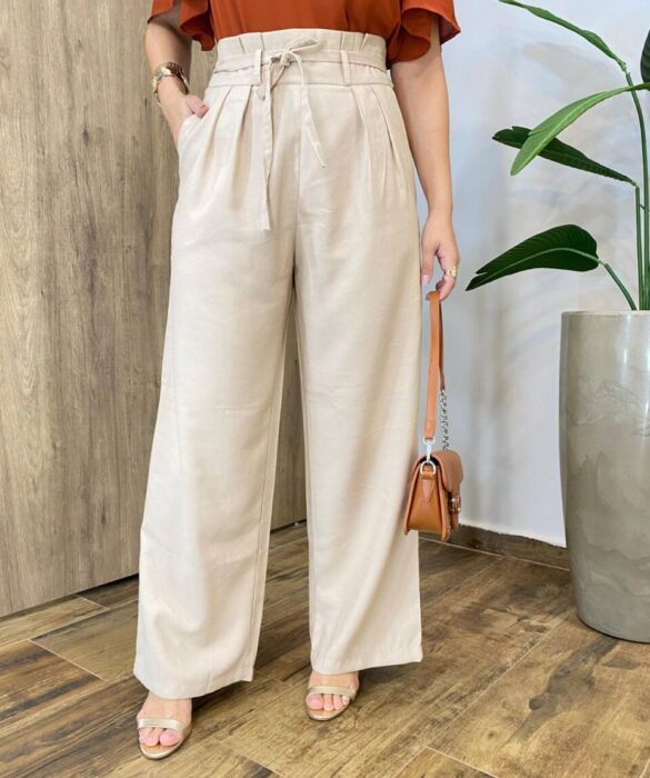 Calça Feminina Margareth Pantalona com Zíper e Amarração Bege - Fernanda Ramos Store