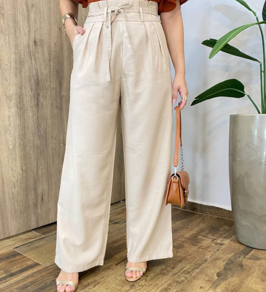 Calça Feminina Margareth Pantalona com Zíper e Amarração Bege - Fernanda Ramos Store