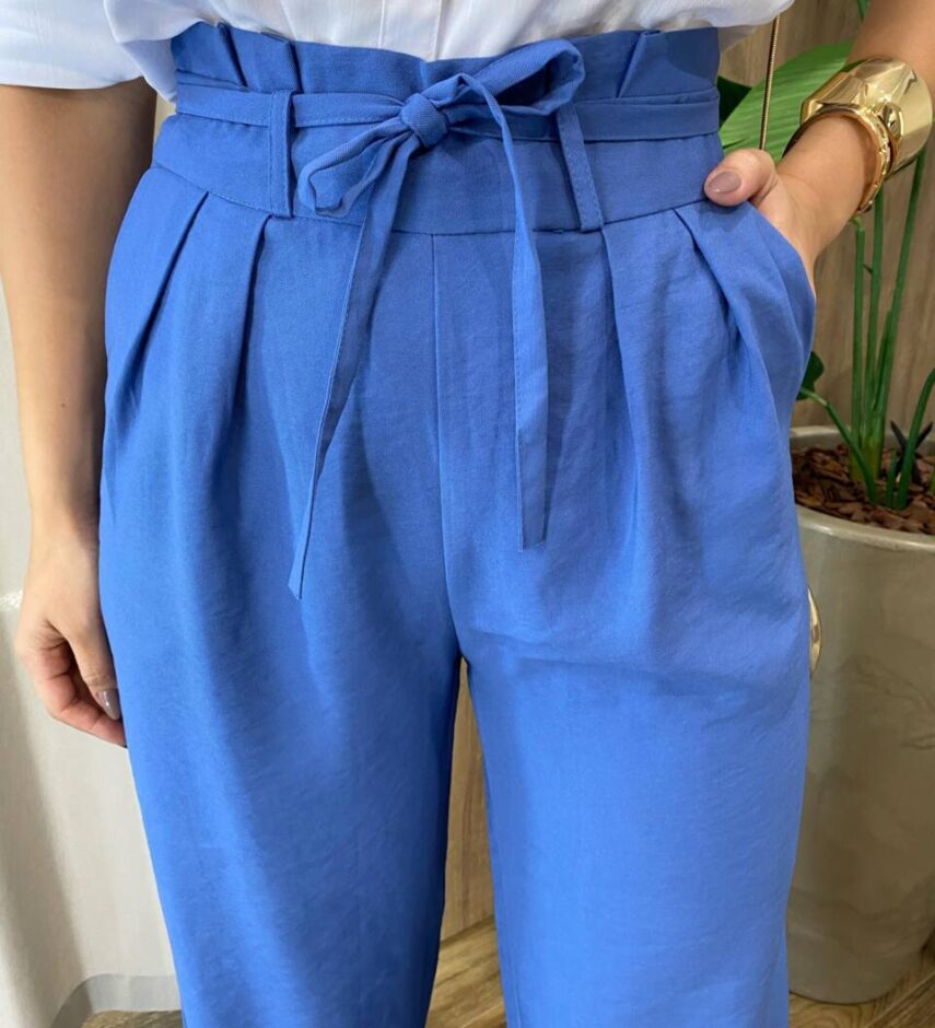 Calça Margareth Clochard Pantalona com Zíper e Amarração Azul - Fernanda Ramos Store