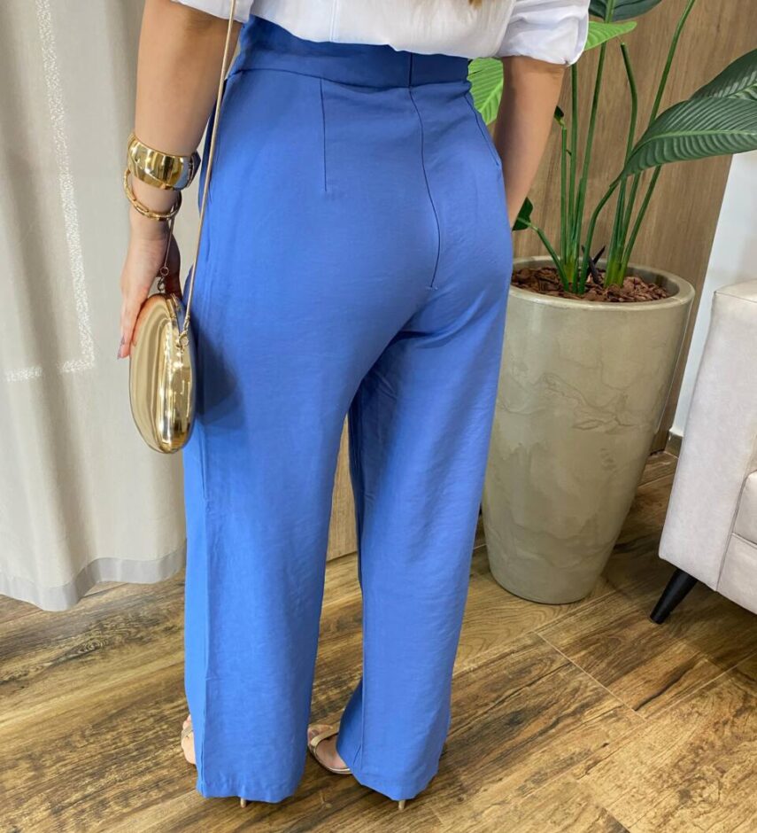 Calça Margareth Clochard Pantalona com Zíper e Amarração Azul - Fernanda Ramos Store