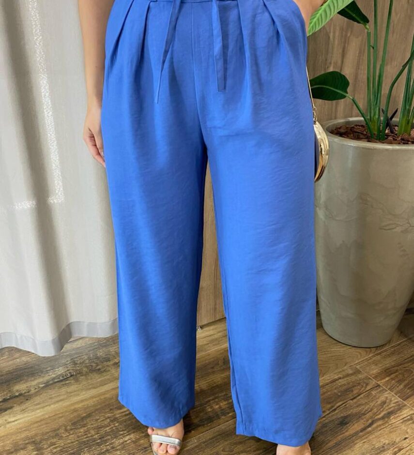 Calça Margareth Clochard Pantalona com Zíper e Amarração Azul - Fernanda Ramos Store