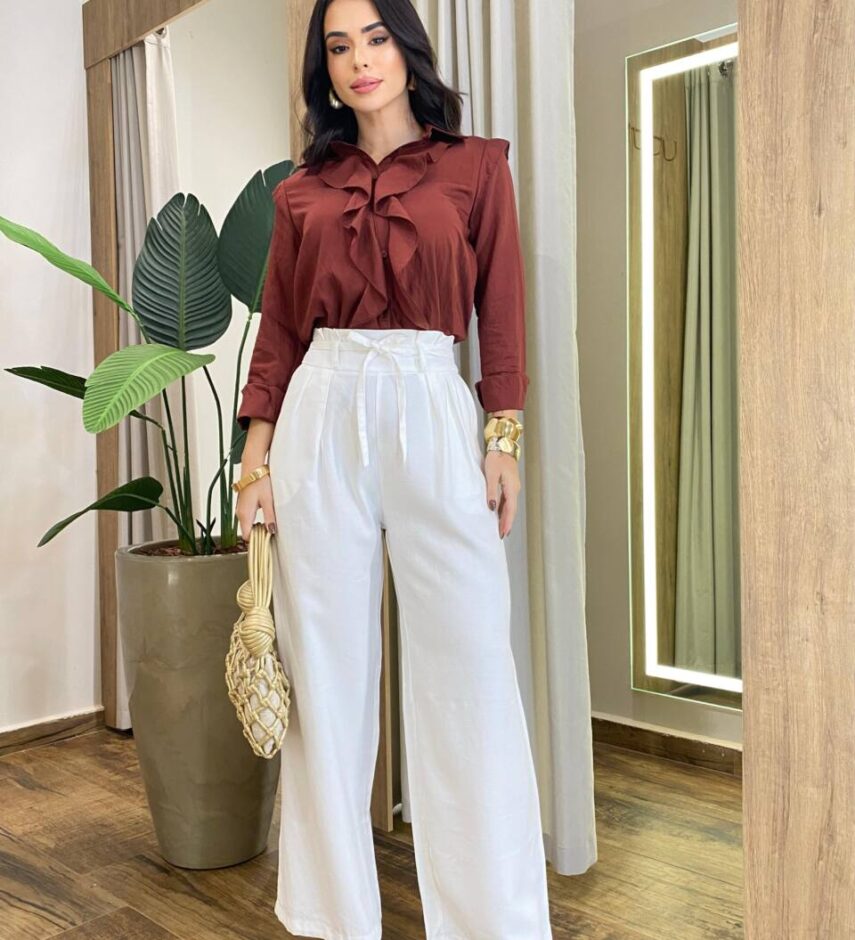 Camisa Feminina Manga Longa com Detalhe em Babado Telha - Fernanda Ramos Store