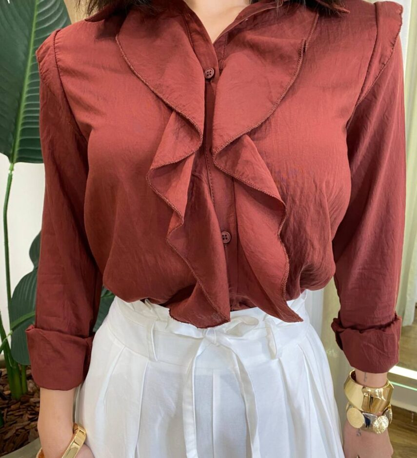 Camisa Feminina Manga Longa com Detalhe em Babado Telha - Fernanda Ramos Store